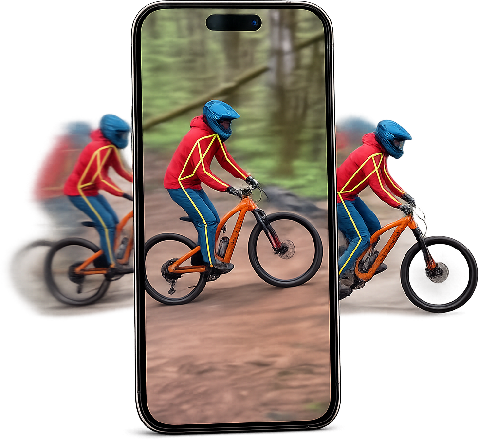 Phone showing a RiderLens record — skeleton overlay drawn on a rider mid-run, with motion echoes on either side